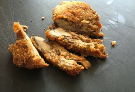 Sliced, fried plant-based meat