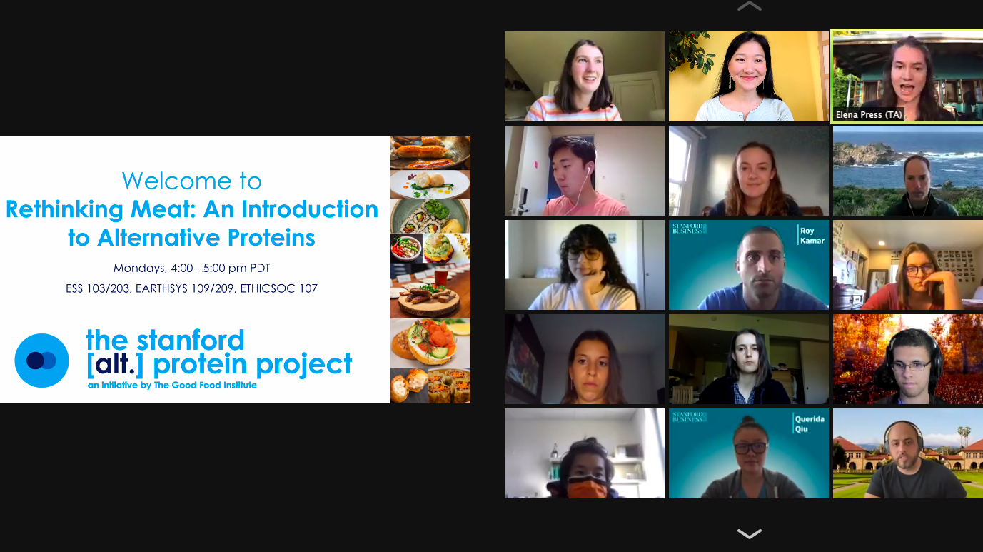 Student leaders are blazing the trail for a better food future 5 Stanford alt protein project leaders elena press and layton rosenfeld kick-off the first lecture of their student-led course on alternative proteins.