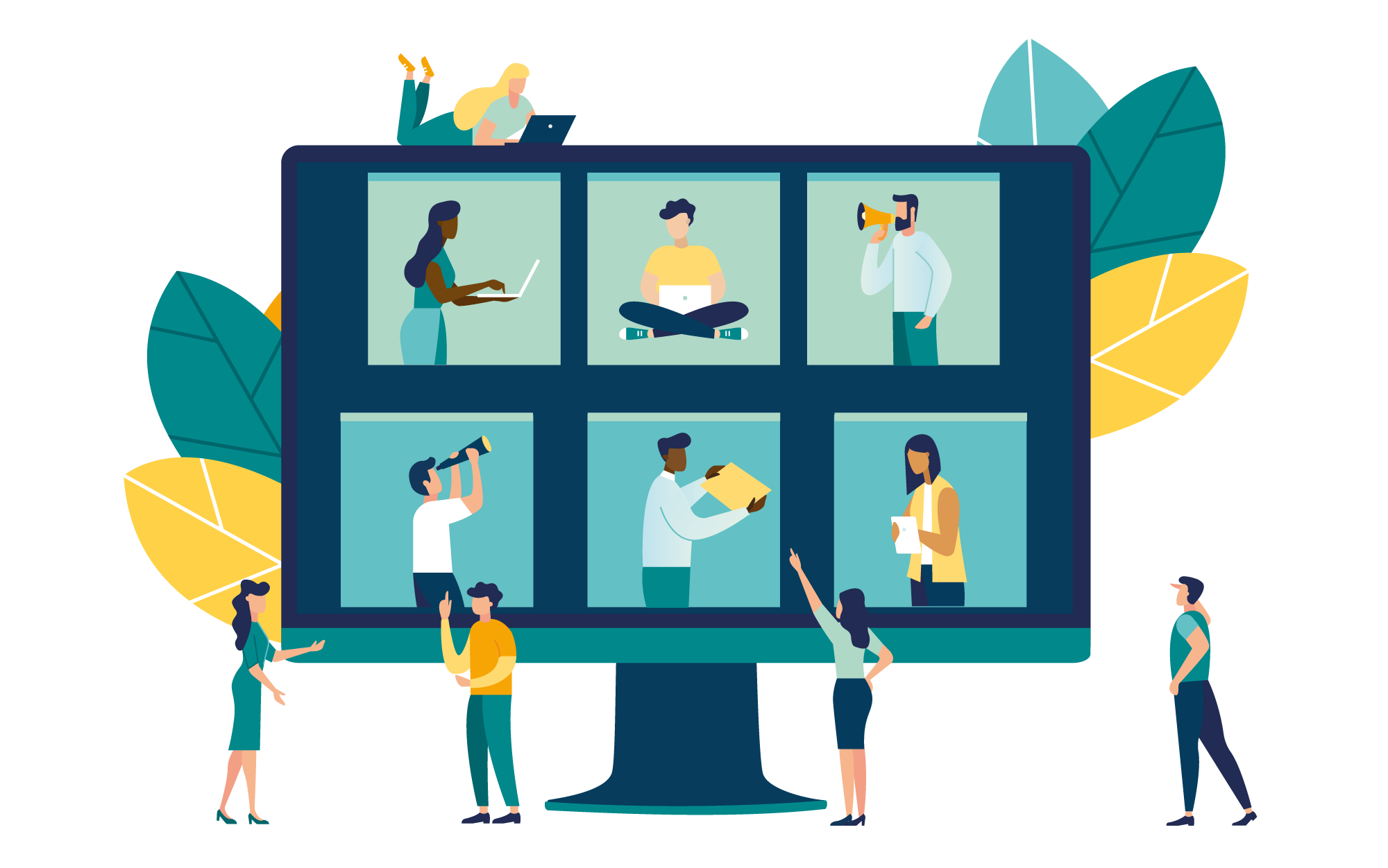 Illustration of individuals on a virtual event screen