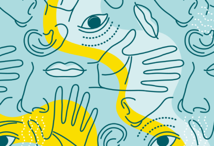 Line illustration of faces and hands