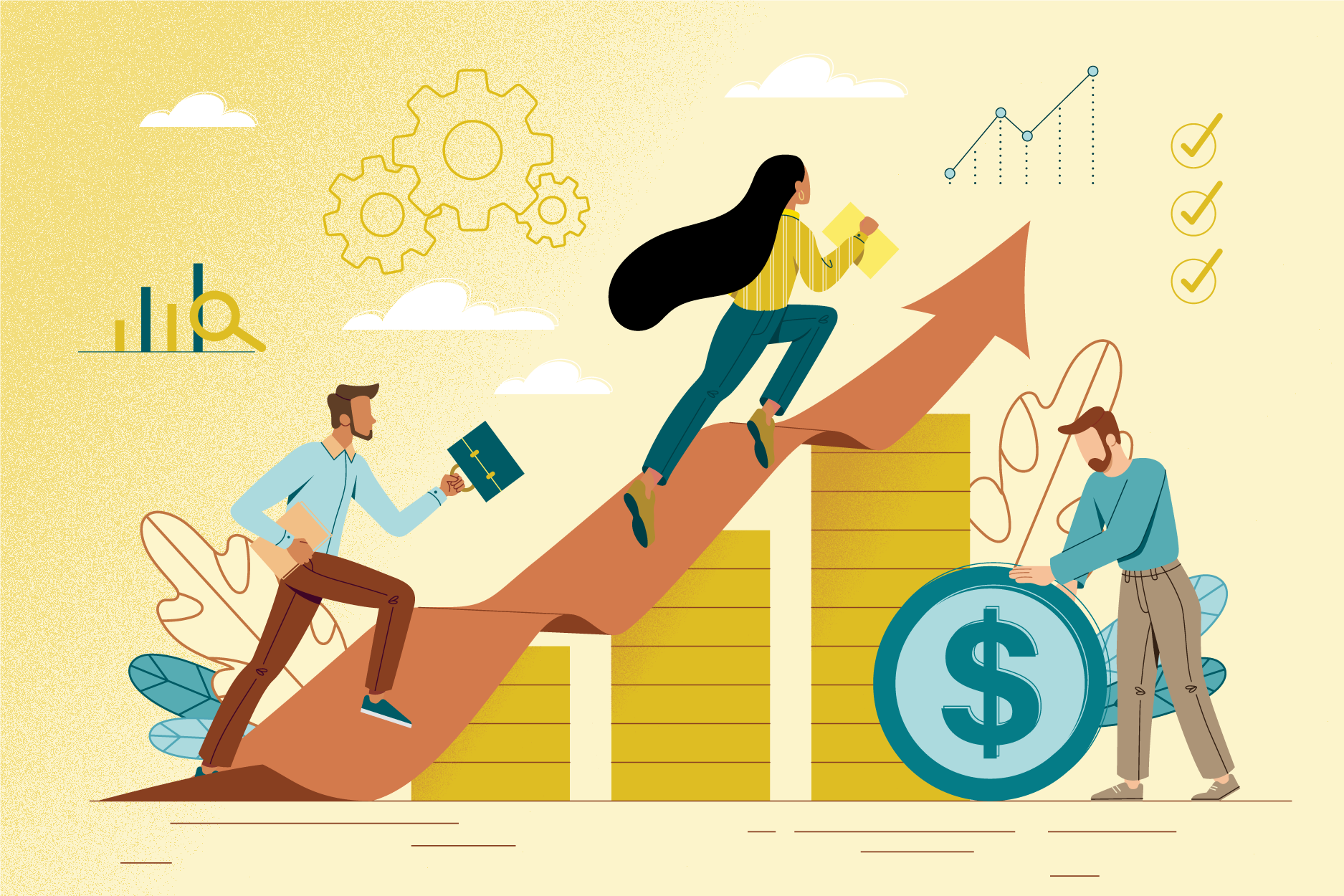 Illustration of people running up financial bar graph