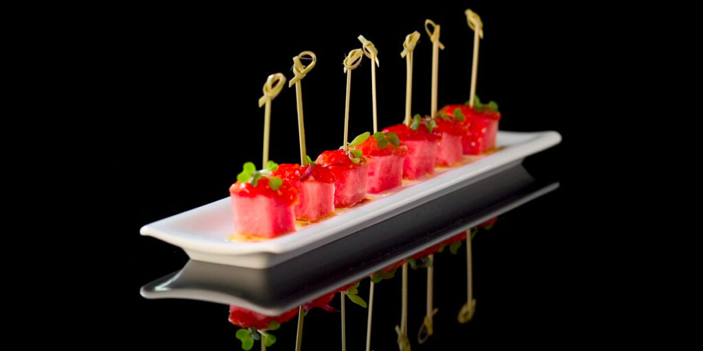 A plant-based summer menu to save the planet 2 Tomato-watermelon skewers on a plate