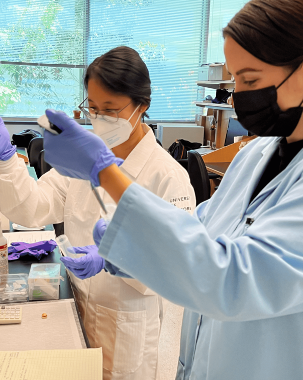 Kathleen chen and stephanie kawecki in dr.  rowat’s lab – when dr.  rowat was awarded a research grant from gfi, only one of her graduate students was interested in cultivated meat: now, more are getting involved and introducing other students to new research opportunities.