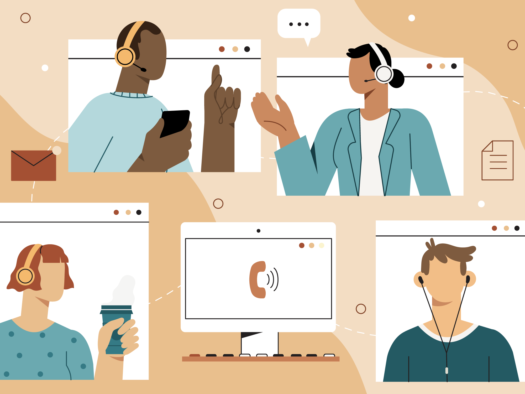 Collaboration is key in the alternative protein industry. This image depicts several figures on computer screens interacting and working together.