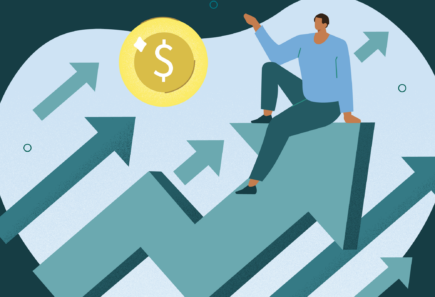 A blue and green illustration of arrows ascending with a yellow dollar sign graphic