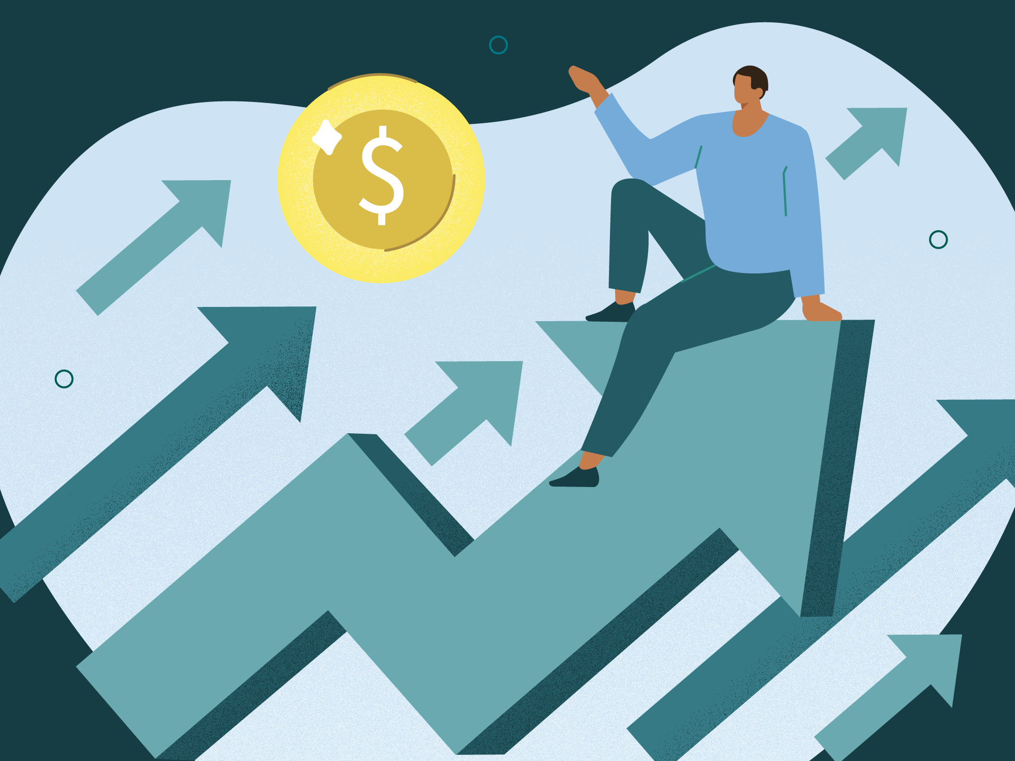 A blue and green illustration of arrows ascending with a yellow dollar sign graphic