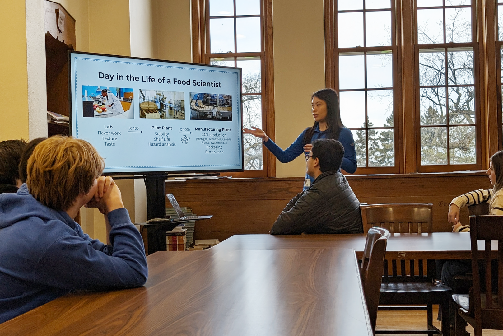 Ning yip, former executive director of the cornell alt protein project, presents to students about her journey to becoming a r&d innovation scientist at general mills