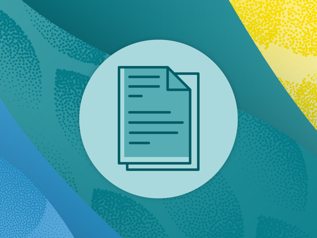 A report icon in the foreground with an illustrative background