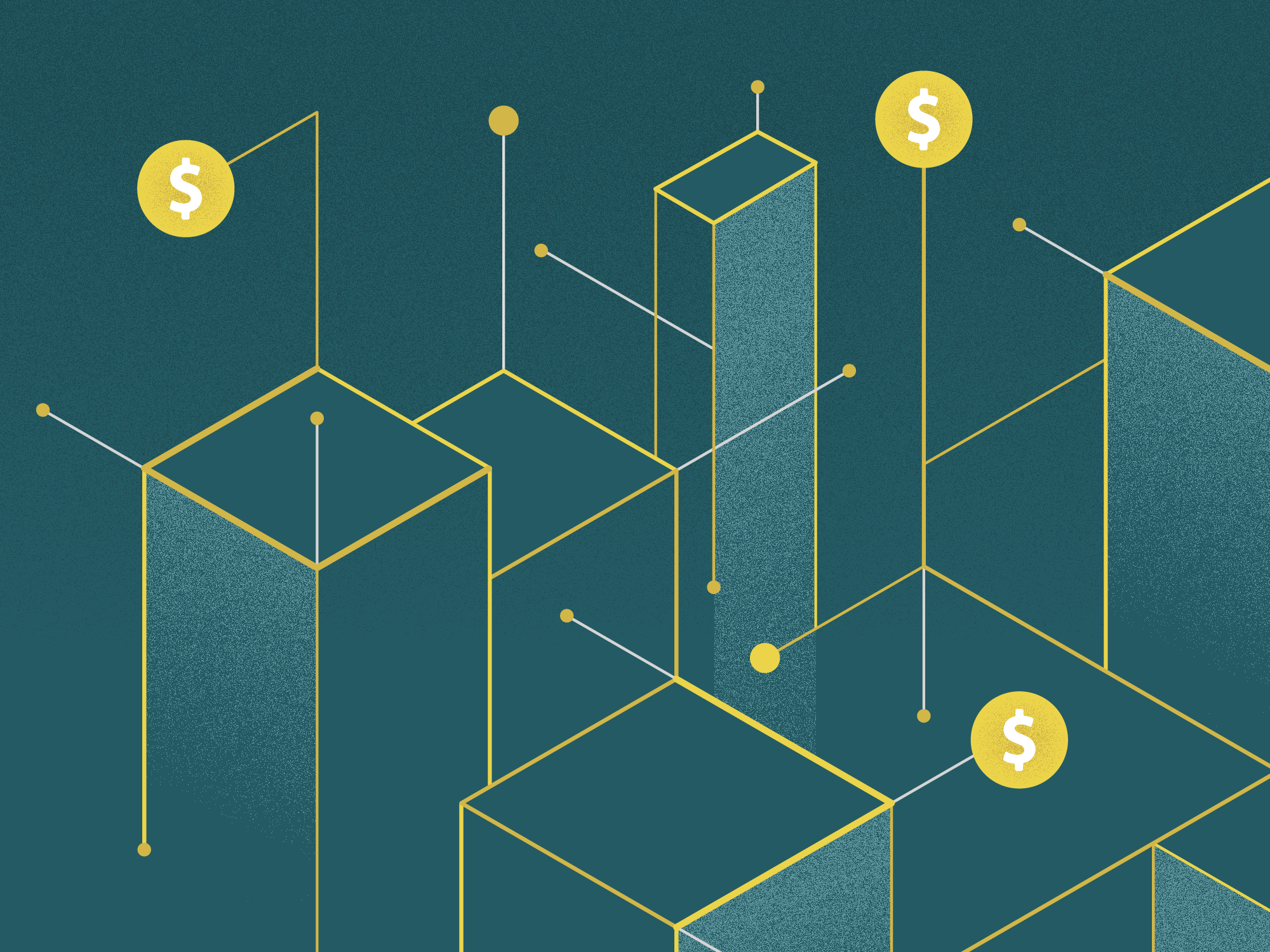 A green and yellow illustrative graphic depicting building blocks and dollar signs