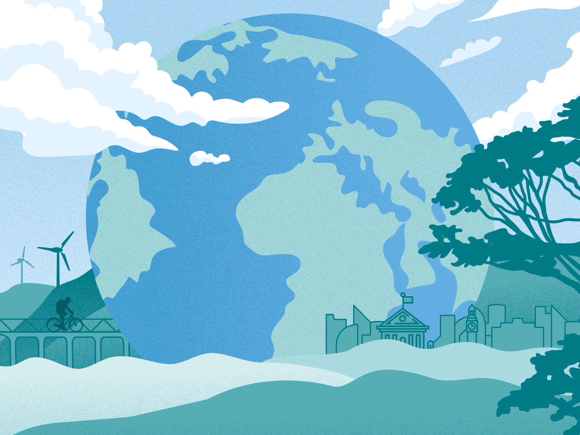 An illustration of the world with trees and windmills in the background
