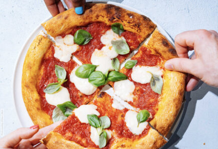 An overhead view of pizza
